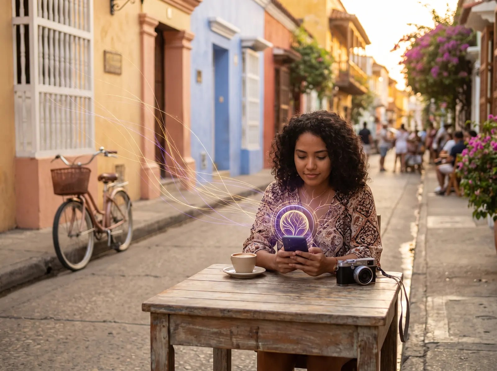 Viajera en una calle colonial de Cartagena usando una billetera digital en su celular