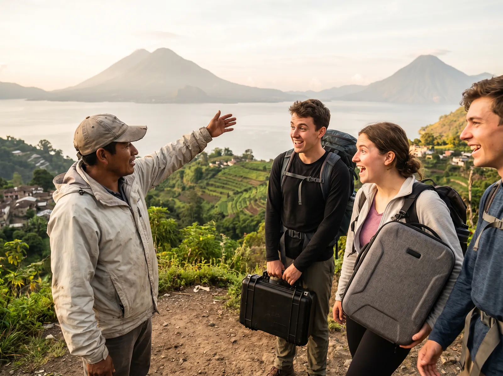 Guía local explicando la ruta a tres viajeros frente al lago de Atitlán