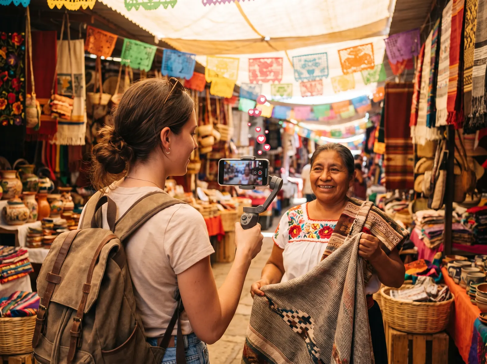 Creadora transmitiendo en vivo con una artesana en un mercado de Oaxaca