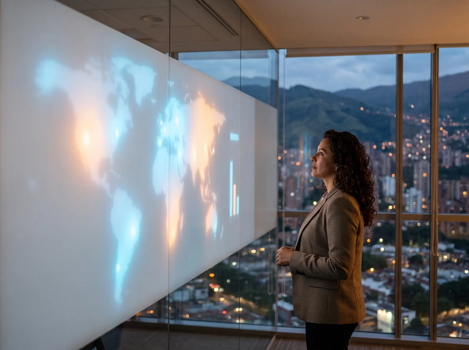 Socia local revisando el mapa de su territorio en una oficina de Medellín