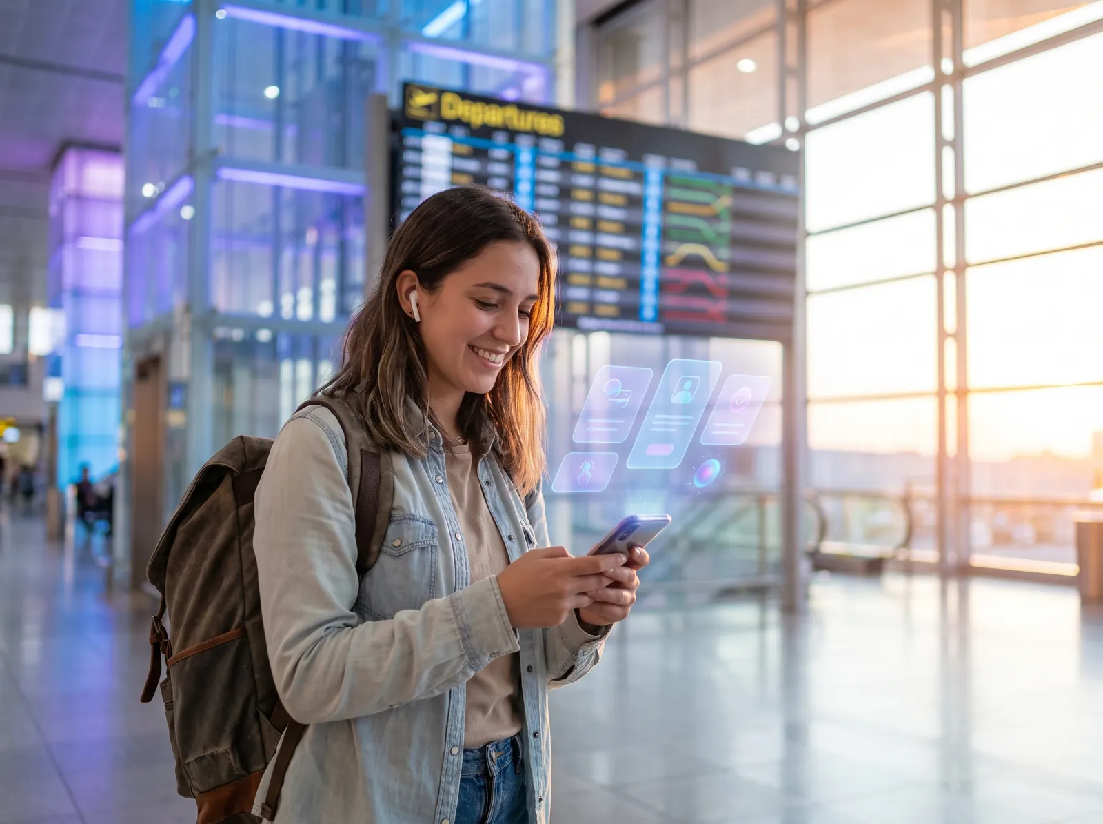 Viajera en un aeropuerto con su asistente de IA en el celular