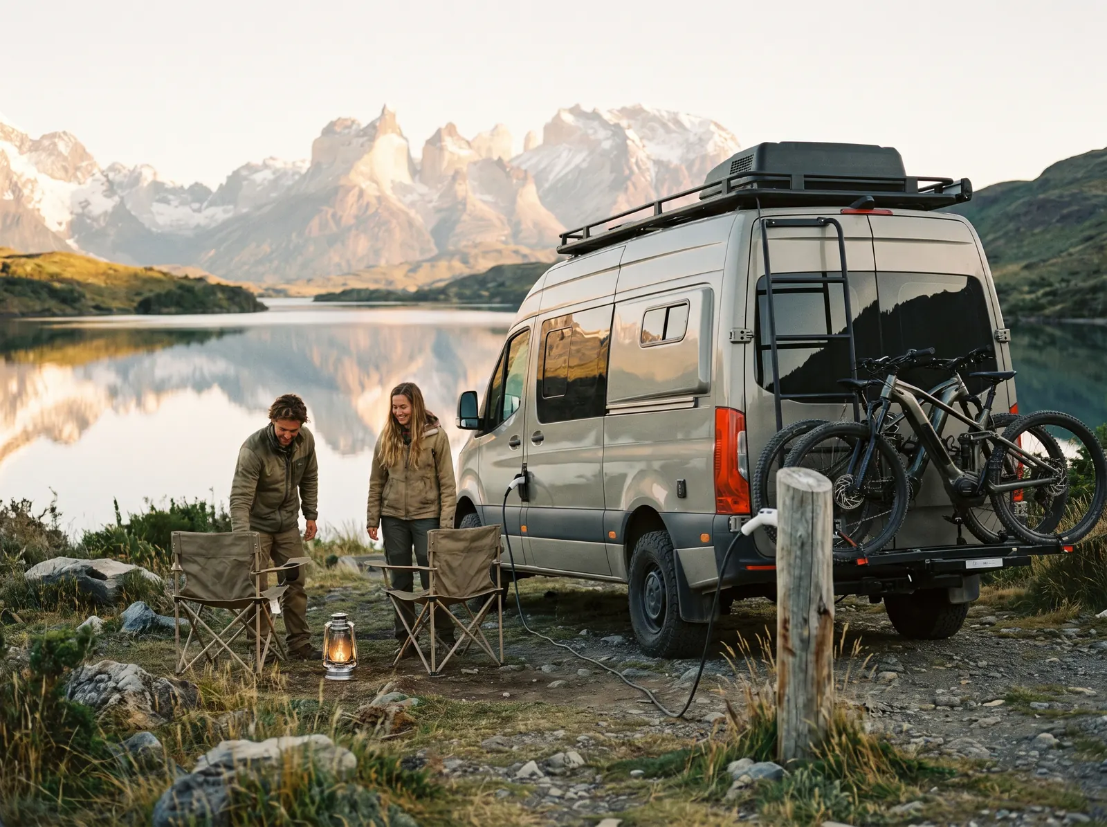 Pareja acampando junto a una camper eléctrica en Torres del Paine