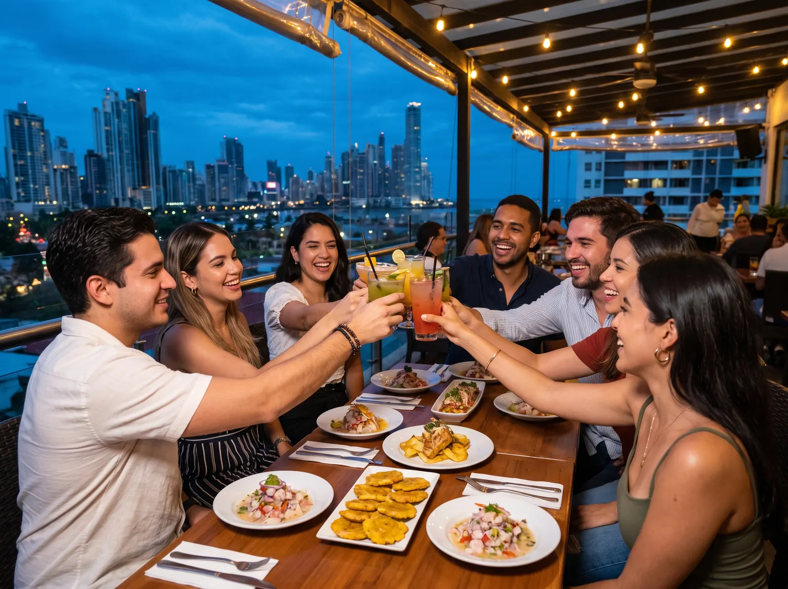 Amigos brindando en una terraza frente al skyline de Ciudad de Panamá