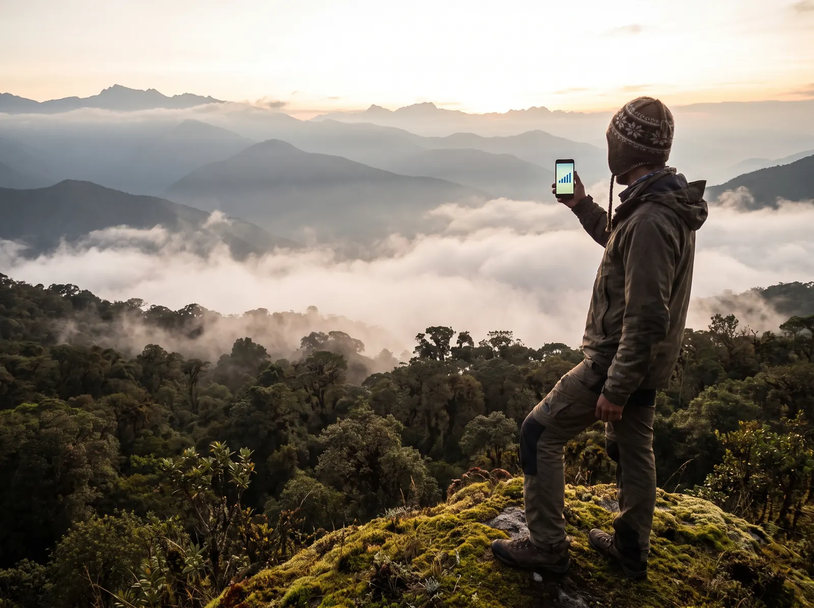 Excursionista con señal en su celular sobre un mar de nubes en los Andes