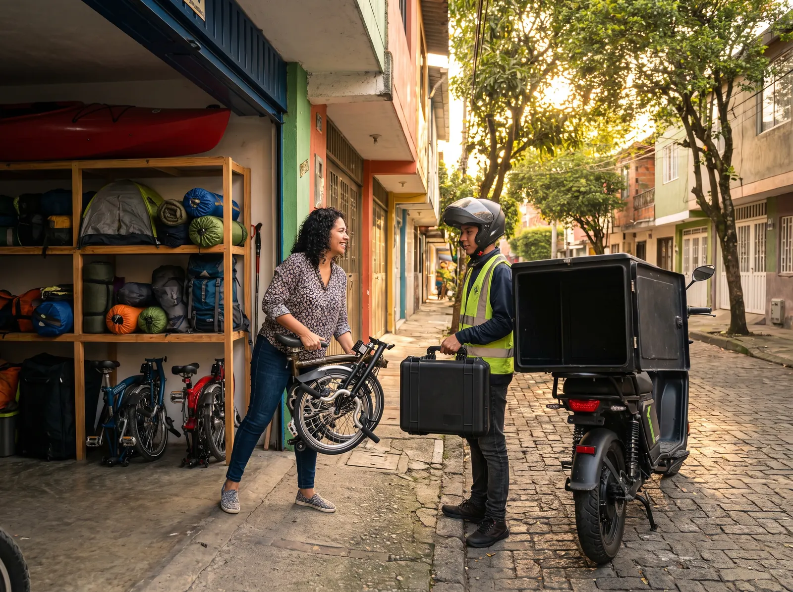 Una Keeper entrega una bicicleta y un estuche de dron a un Rider en Medellín
